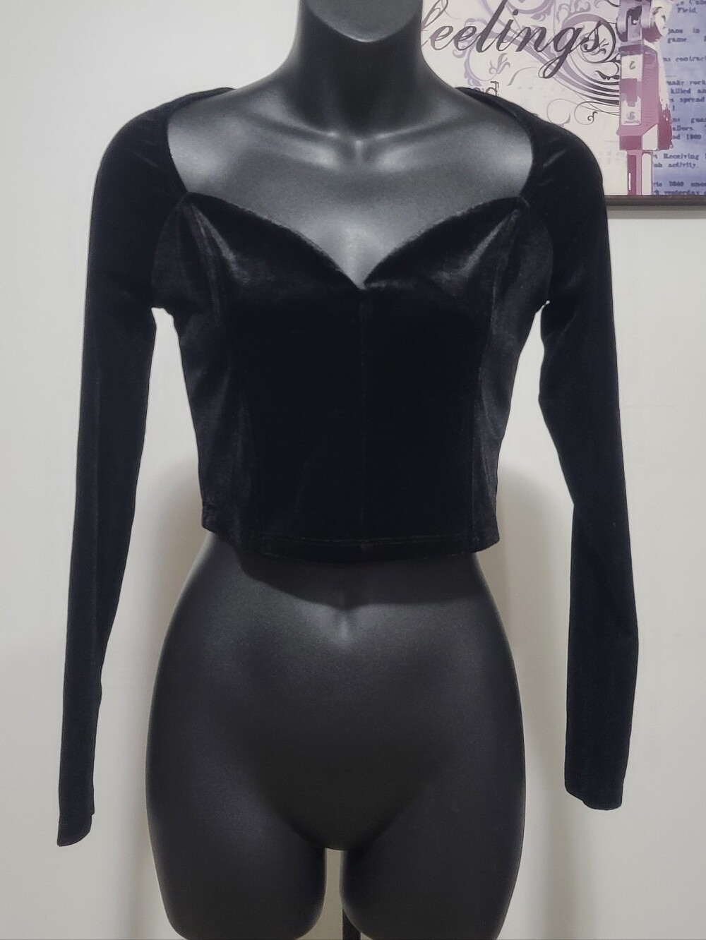 Dynamite Black Velvet Sweetheart Long-Sleeve Crop Top